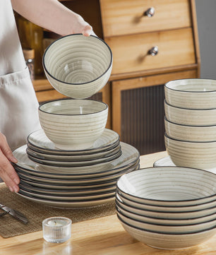 vancasso BONBON 24-delig servies set beige voor 6 personen - Handgeschilderd spiraalpatroon, magnetron- en vaatwasserbestendig