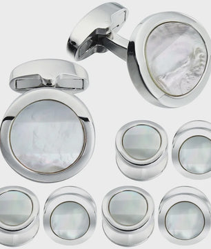 Set Zilverkleurige Manchetknopen en Hemdknopen met Opaal Schelp Inleg voor Heren