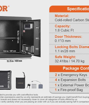 Elektrische Kluis met Vingerafdruk & Digitale Code - 63L / 51L - Inclusief Brandwerende Tas