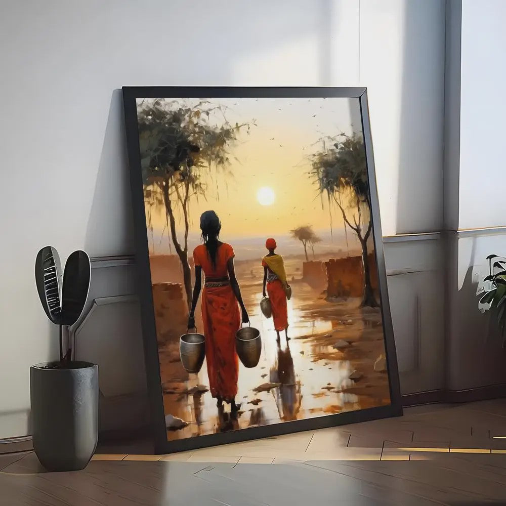 Abstract Canvas Poster: Afrikaanse Vrouwen & Zonneschildering - Wanddecoratie