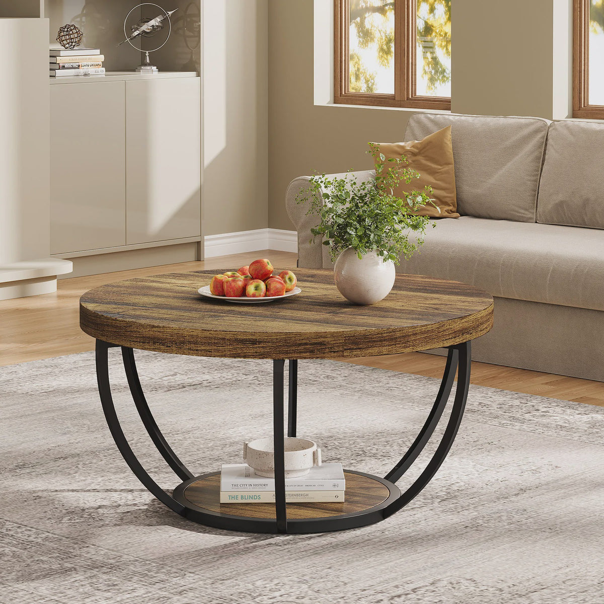 Industriële Ronde Salontafel met 2 Lagen Opslag - 31.7 inch