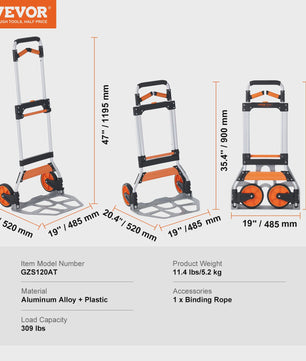 Opvouwbare Transportkar met Telescopische Handgreep en Spanband - Max 140 kg