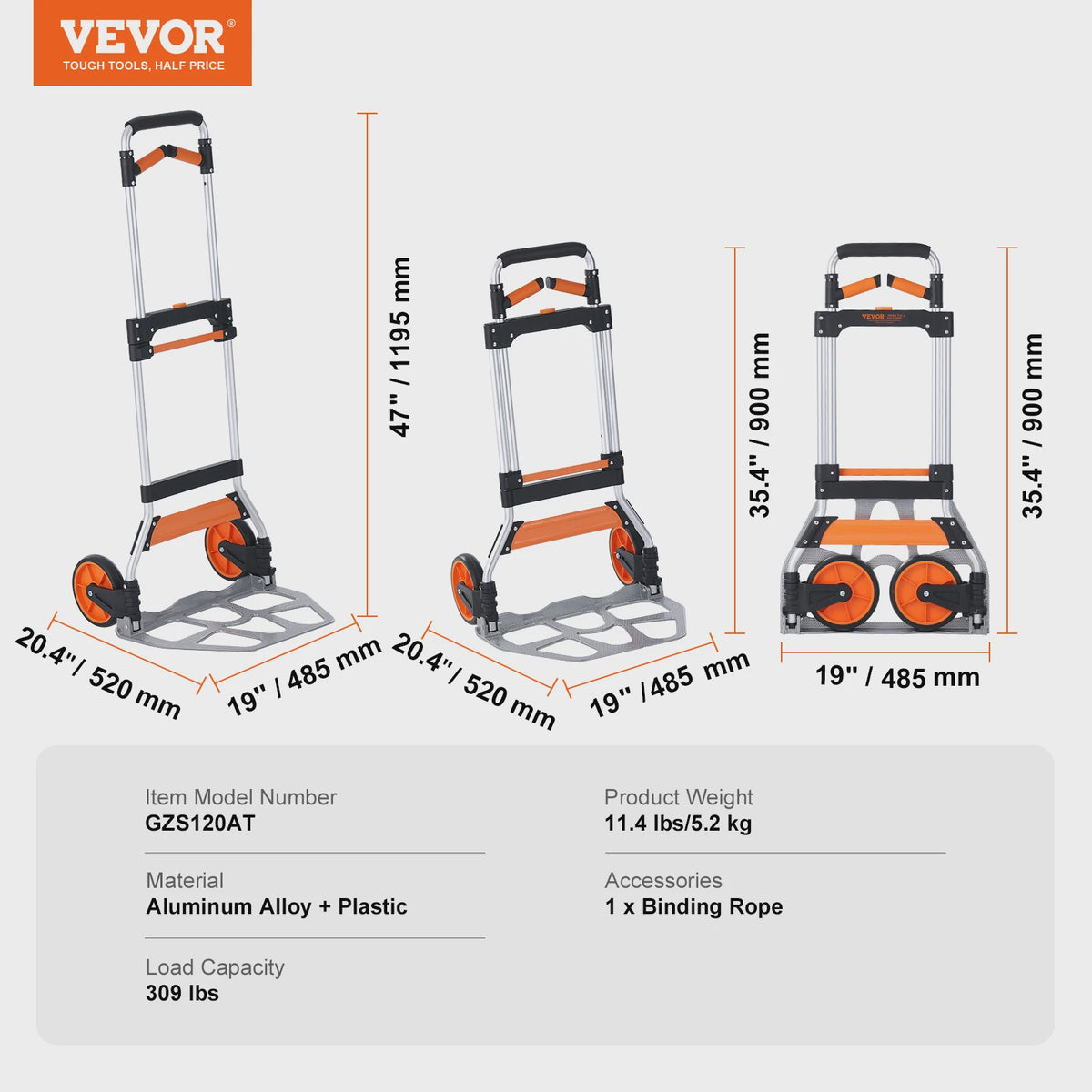 Opvouwbare Transportkar met Telescopische Handgreep en Spanband - Max 140 kg
