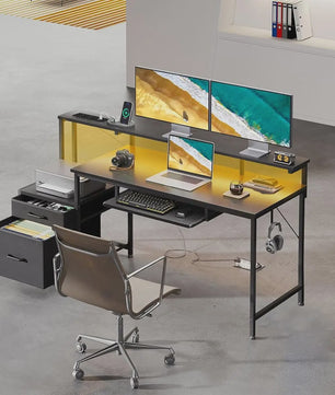 Coleshome Gaming Bureau met Ingebouwde Stopcontacten, Monitorstandaard en 2 Stoffen Lades (140x48cm, Zwart)