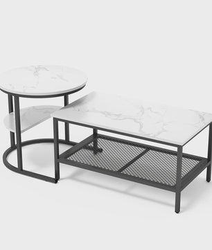 Set van 2 Moderne Salontafels met Marmerlook Blad en Stalen Onderstel