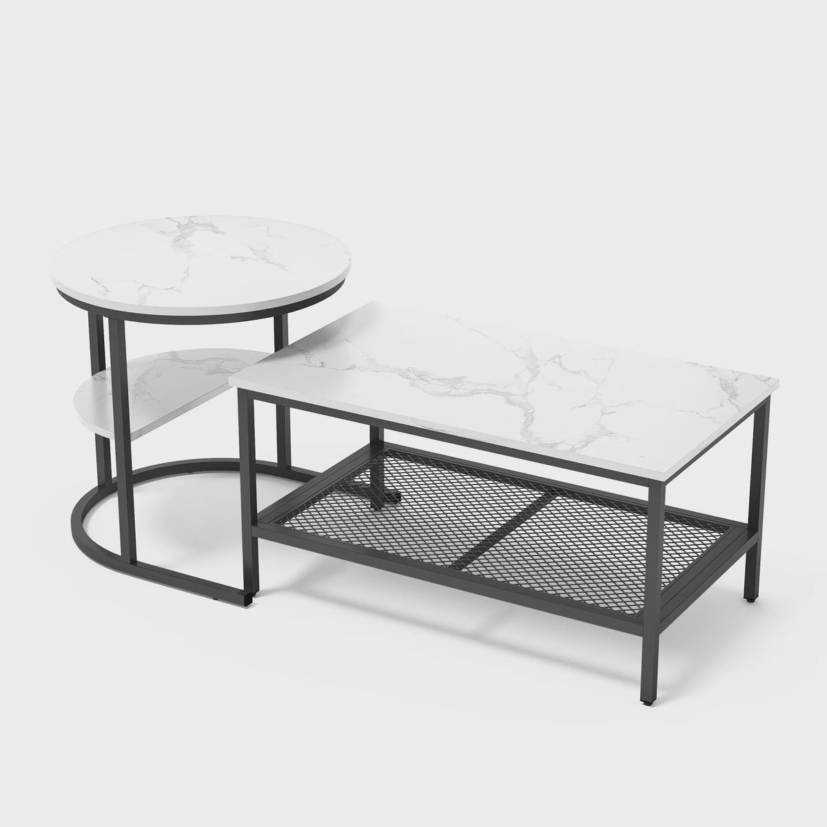 Set van 2 Moderne Salontafels met Marmerlook Blad en Stalen Onderstel