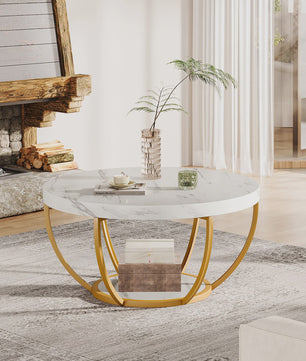 Ronde Marmerlook Salontafel met Gouden Onderstel - 32 inch, 2 Niveaus