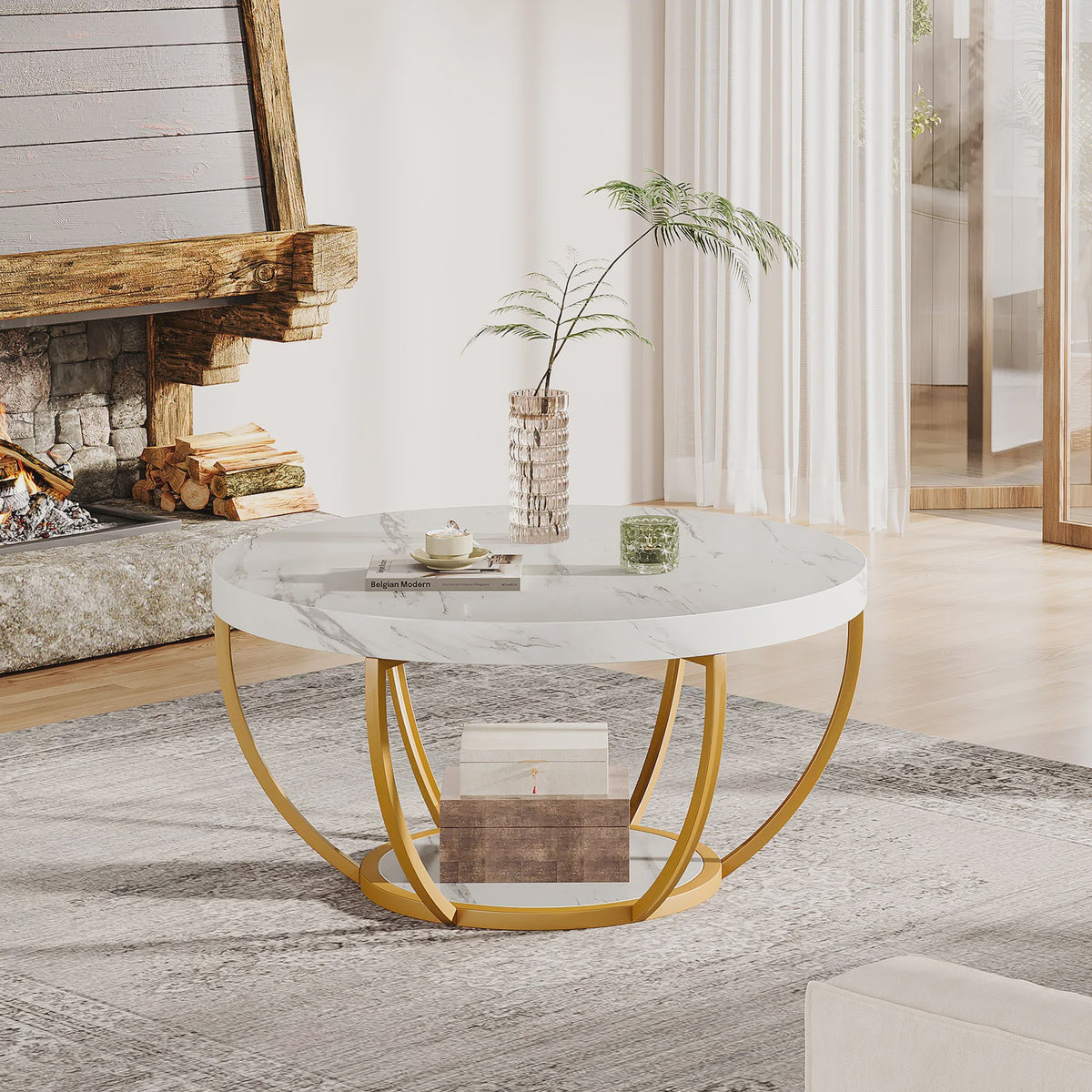 Ronde Marmerlook Salontafel met Gouden Onderstel - 32 inch, 2 Niveaus