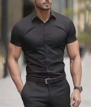 Heren Zomer Overhemd Korte Mouw Stretch Slim Fit - Zwart, Maat 5XL