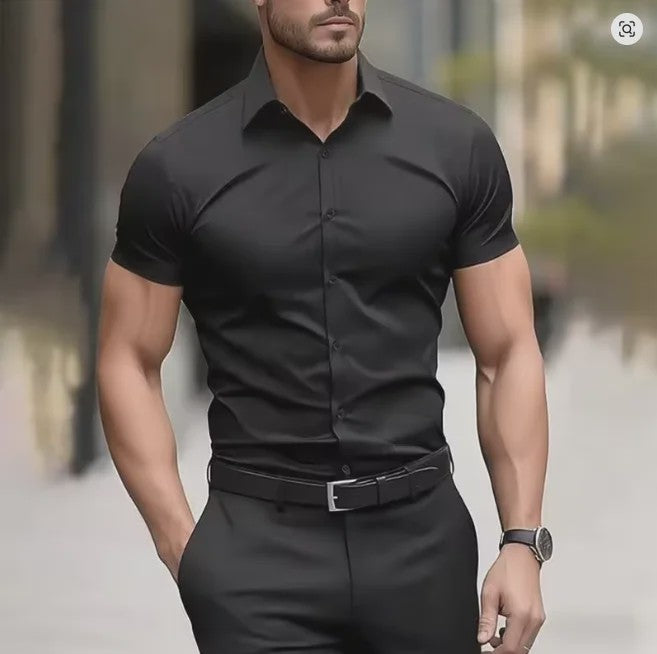 Heren Zomer Overhemd Korte Mouw Stretch Slim Fit - Zwart, Maat 5XL