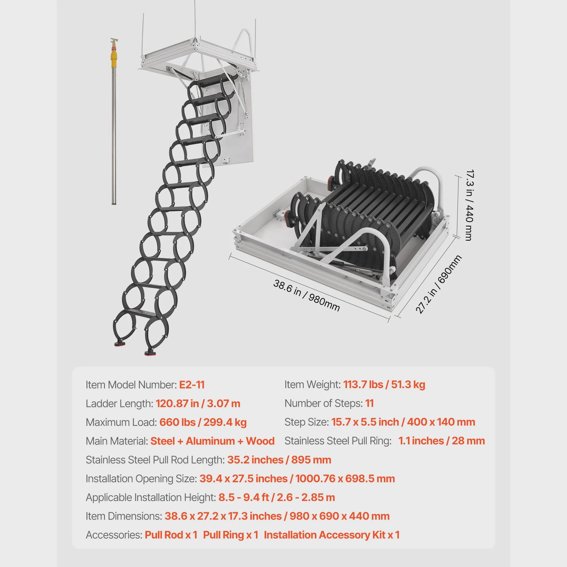 Zoldertrap Inklapbaar - 299 kg Draagkracht - 2.6 - 2.85 m Hoogte - Met Trekstang
