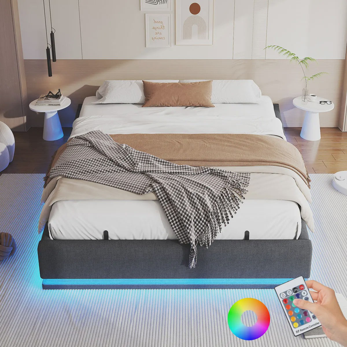160x200cm Boxspring Bed met Hydraulische Opbergruimte en RGB LED Verlichting