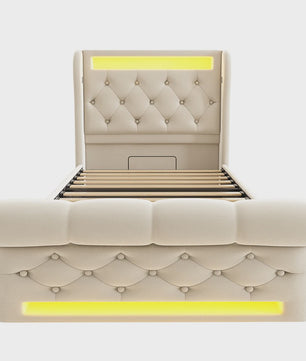 Modern Gestoffeerd 1-persoonsbed 90x200cm met LED-verlichting, USB/Type-C en Hydraulische Opbergruimte