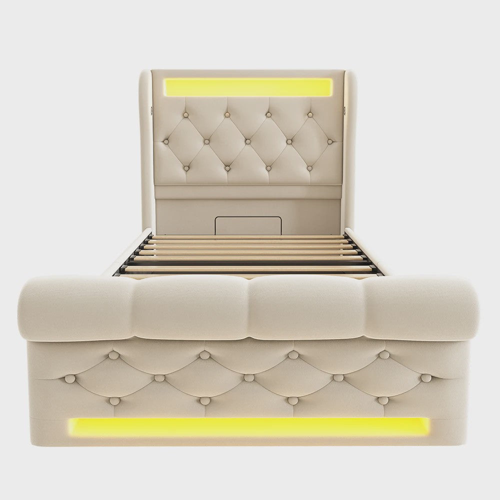 Modern Gestoffeerd 1-persoonsbed 90x200cm met LED-verlichting, USB/Type-C en Hydraulische Opbergruimte