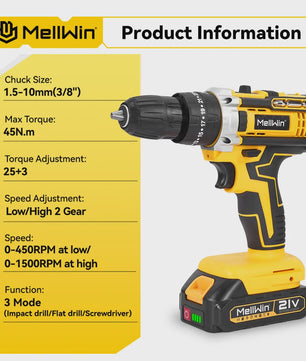 MELLWIN Accu Klopboormachine Set 25+3 Nm Koppel - 10mm Klopboormachine met 2x 21V Batterijen