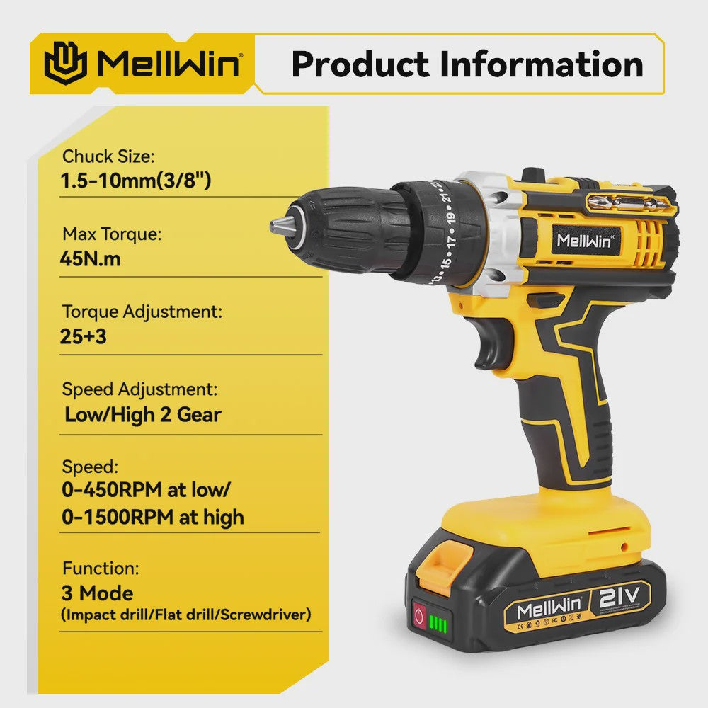 MELLWIN Accu Klopboormachine Set 25+3 Nm Koppel - 10mm Klopboormachine met 2x 21V Batterijen