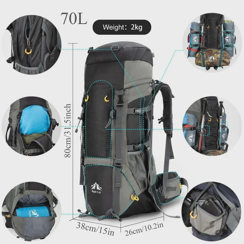 Night Cat Kampeerrugzak 70L/90L - Waterdicht, Lichtgewicht & Ademend - Outdoor Rugzak voor Wandelen & Reizen