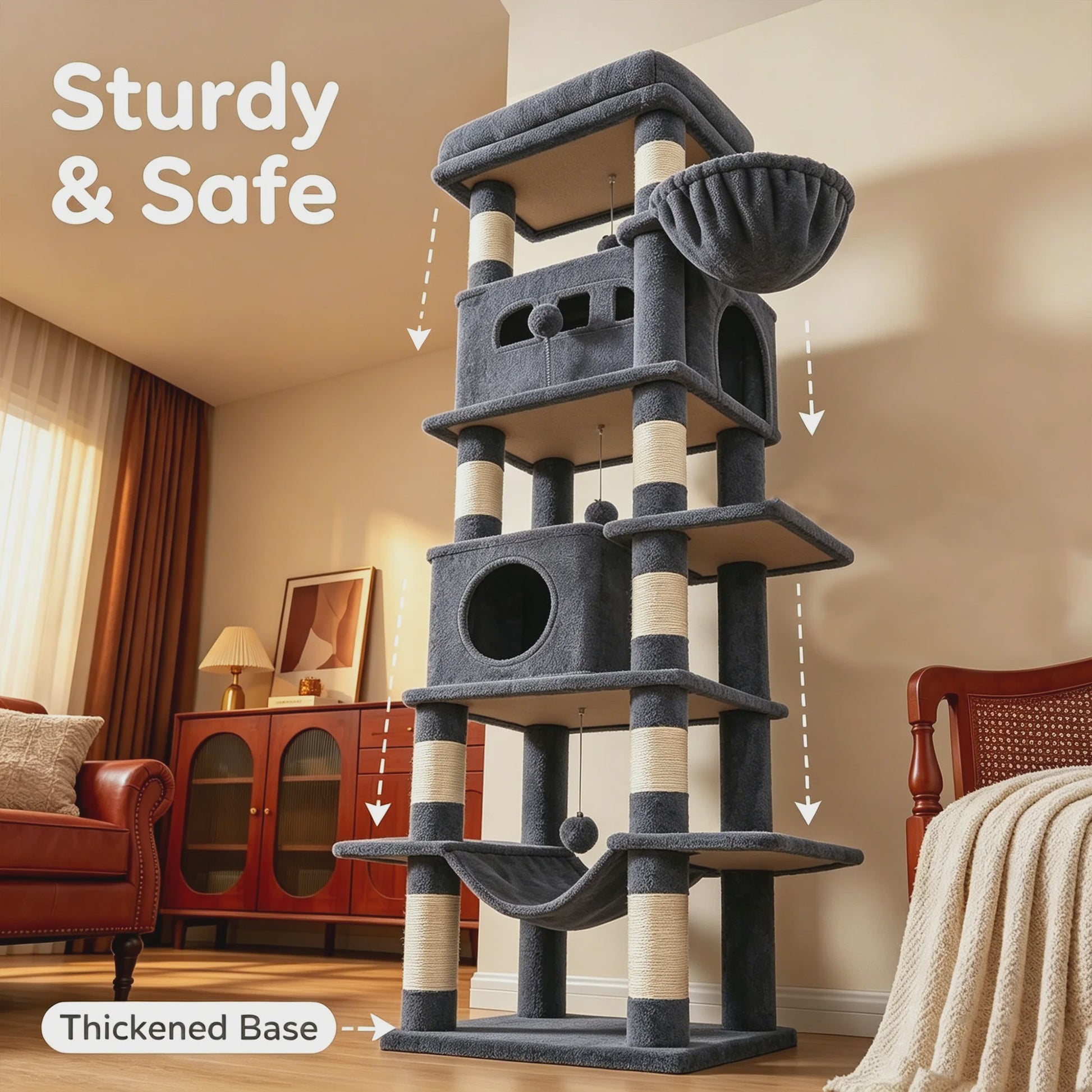 Grote Kattenboom 170 cm - Multi-Level Krabpaal met Ruim Zitplateau & Wasbare Mat - Geschikt voor Maine Coons