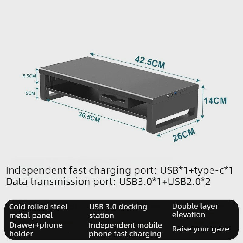 Monitor Riser Stand met USB Docking Station & Draadloze Oplader - Bureau Organizer