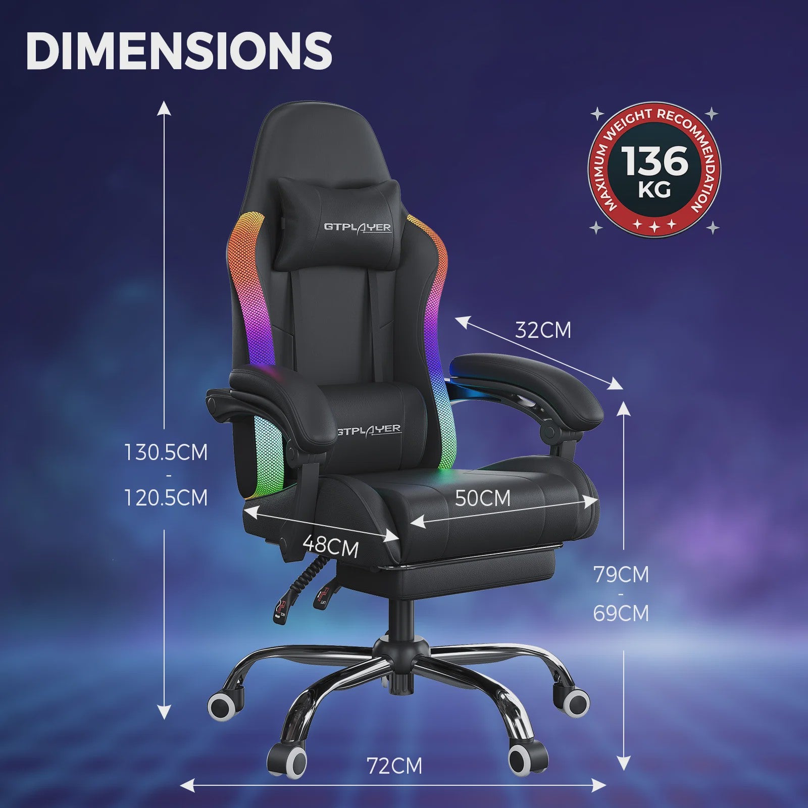 GTPLAYER Ergonomische Gaming & Kantoorstoel met LED Verlichting, Massagefunctie en Opbergvak