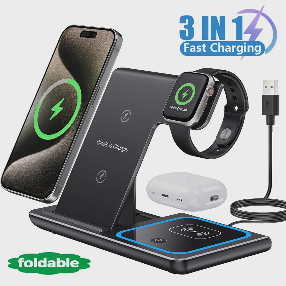 3-in-1 Opvouwbaar Draadloos Laadstation voor iPhone, Apple Watch & AirPods Pro - Snel Opladen