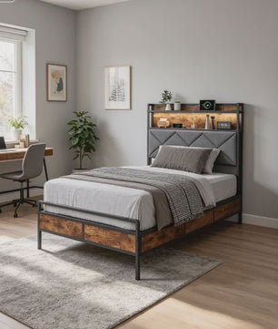 Modern Metalen Bed 90x200cm met LED Verlichting, Opbergkopstuk en USB-poorten