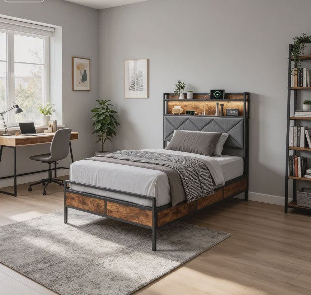 Modern Metalen Bed 90x200cm met LED Verlichting, Opbergkopstuk en USB-poorten