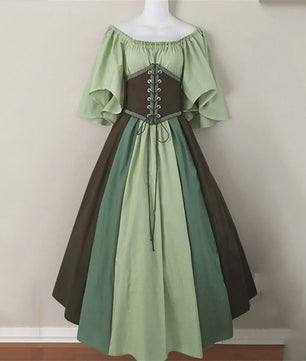 Middeleeuwse Retro Jurk met Contrastkleuren en Off-Shoulder Halslijn