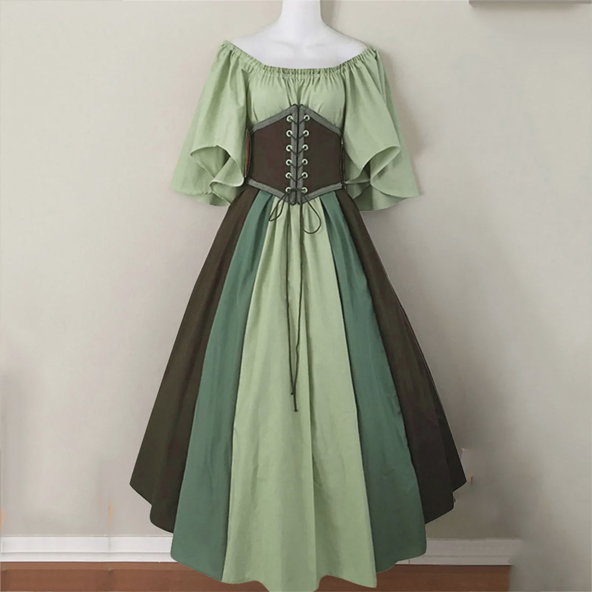 Middeleeuwse Retro Jurk met Contrastkleuren en Off-Shoulder Halslijn