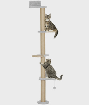 Pawhut 5-Niveaus Klimpaal voor Katten - Wandmontage, Krabpaal met Bal, 180 cm, Lichtgrijs