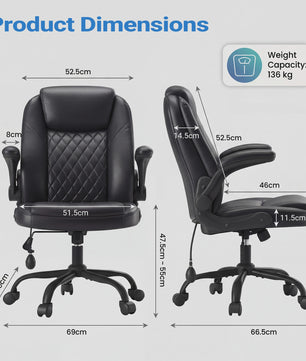 Luxe Zwarte Lederen Bureaustoel met Verstelbare Lendesteun, Dikke Vulling & Opklapbare Armleuningen – Ergonomisch voor Kantoor en Gaming