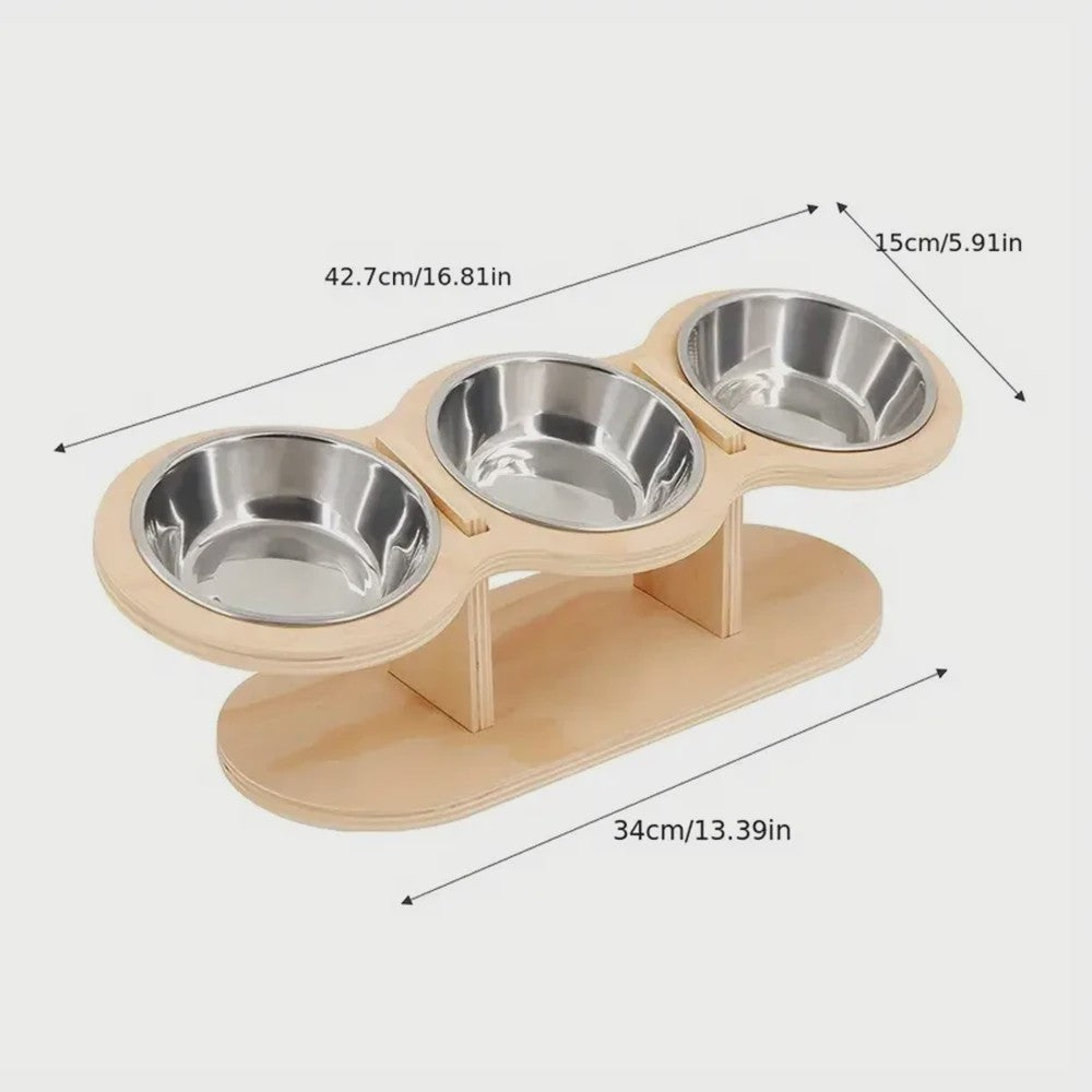 Verhoogde Bamboe Voerbak voor Hond en Kat - 3 Bakken, Ergonomisch Ontwerp