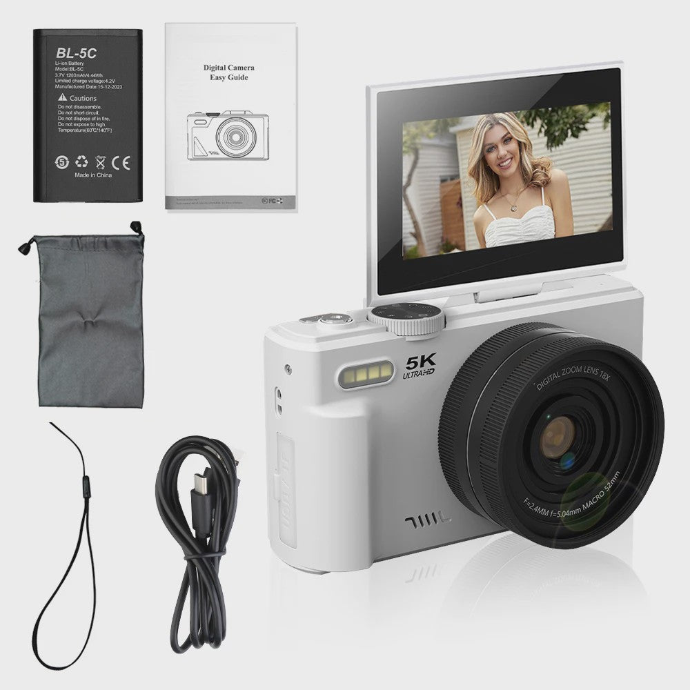 Ourlife Compacte 5K Digitale Camera: 75MP, 18x Zoom, Flip Screen, WiFi & Vlog Functies