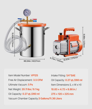 Vacuümkamer Kit met 3.5CFM Pomp & 4.92ft Slang - 1.5/3/5 Gallon