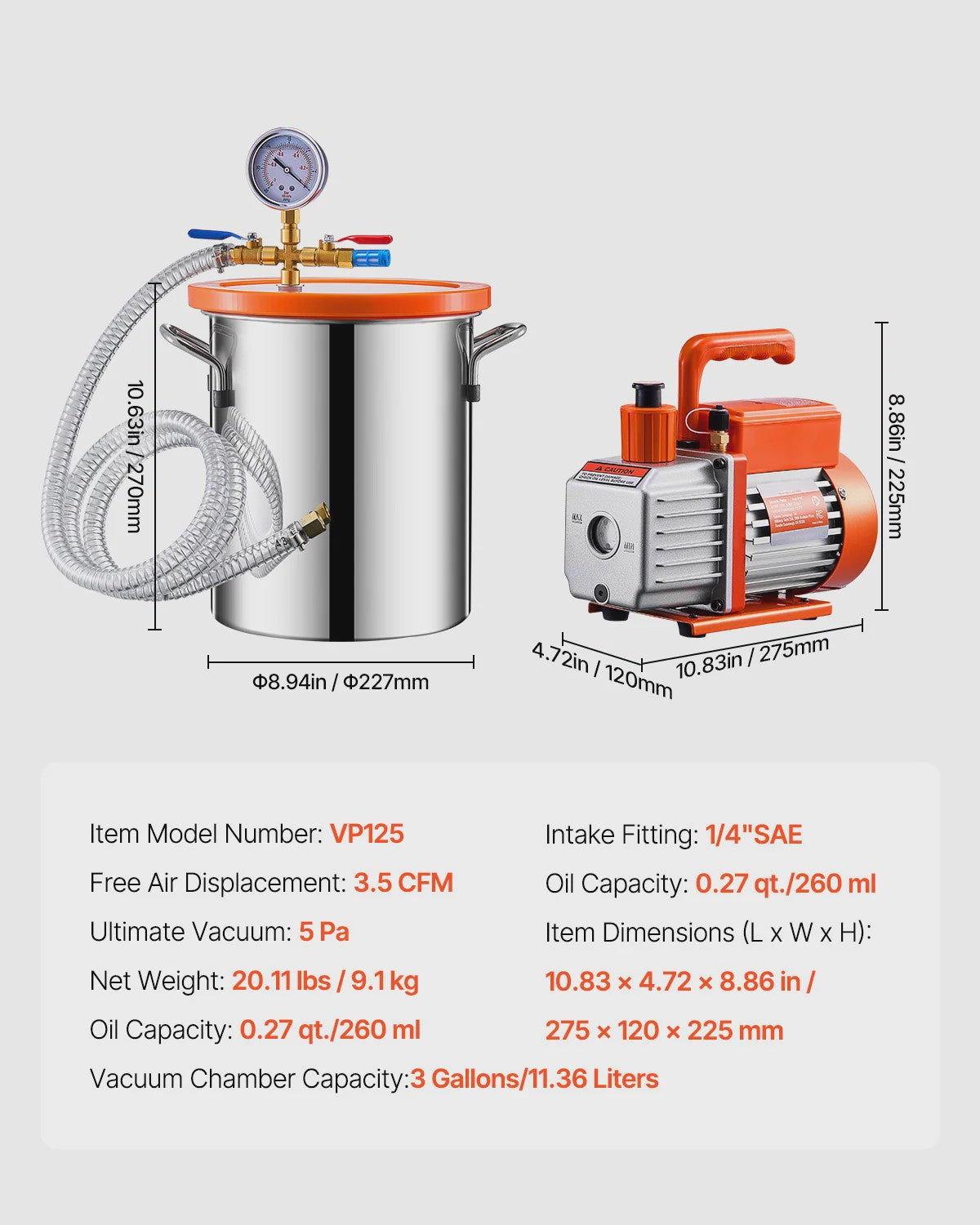 Vacuümkamer Kit met 3.5CFM Pomp & 4.92ft Slang - 1.5/3/5 Gallon