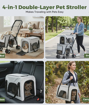 3-in-1 Hondenbuggy met 2 Niveaus - Draagbaar, Opvouwbaar & Veilig - Grijs