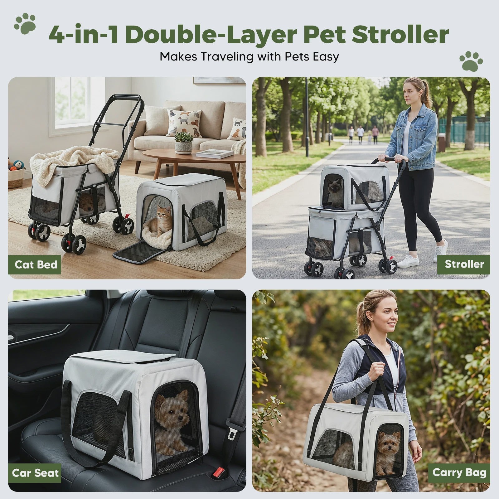 3-in-1 Hondenbuggy met 2 Niveaus - Draagbaar, Opvouwbaar & Veilig - Grijs