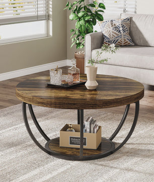 Industriële Ronde Salontafel 80cm met 2 Lagen Opslag - Modern Hout & Metaal
