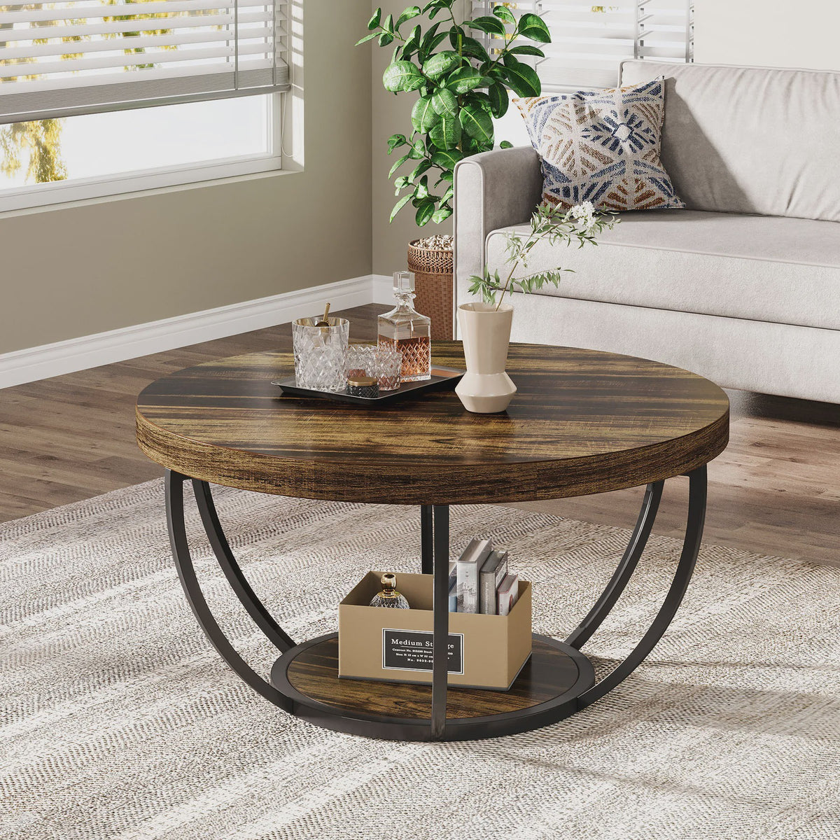 Industriële Ronde Salontafel 80cm met 2 Lagen Opslag - Modern Hout & Metaal