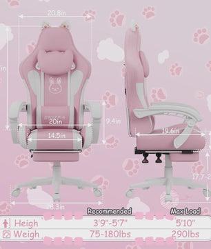 Ergonomische Gaming Chair met Kattenoren, Massagefunctie en Voetensteun - Roze
