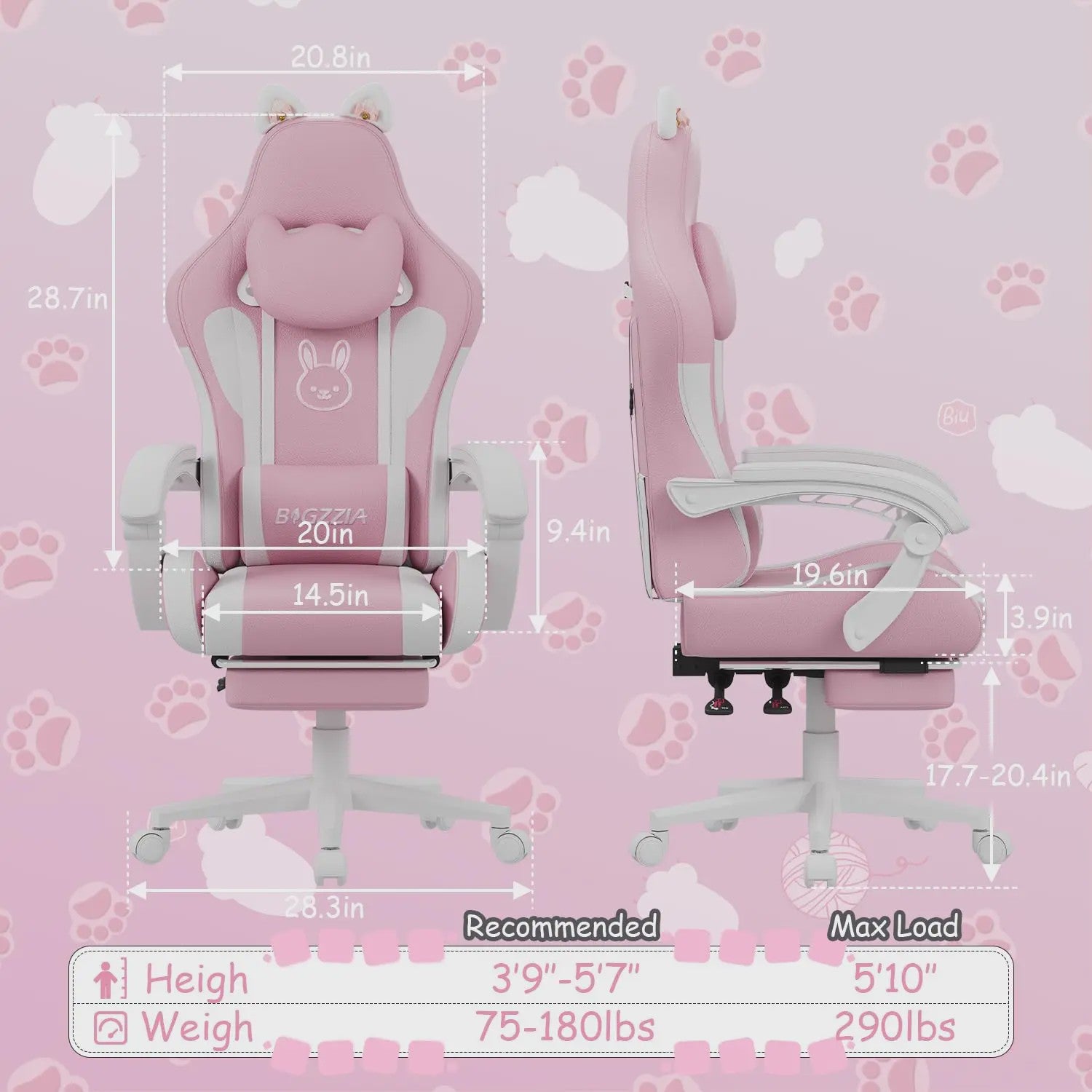 Ergonomische Gaming Chair met Kattenoren, Massagefunctie en Voetensteun - Roze