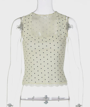 Zwarte Polka Dot Crop Top met Vierkante Hals en Kanten Randje - Zomer Streetwear