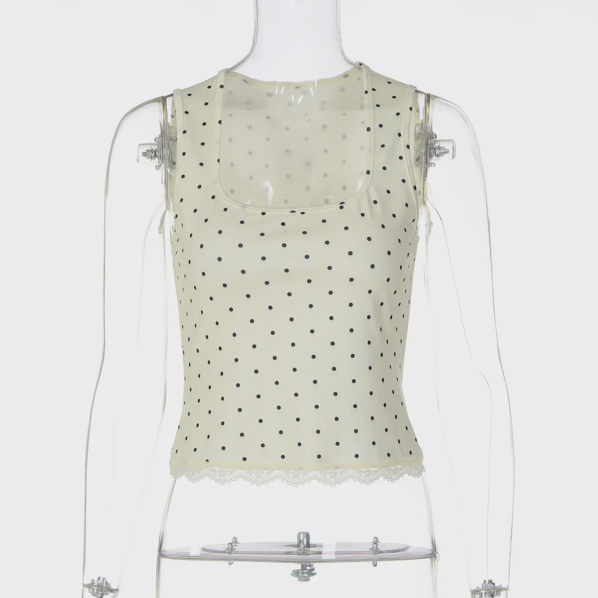 Zwarte Polka Dot Crop Top met Vierkante Hals en Kanten Randje - Zomer Streetwear