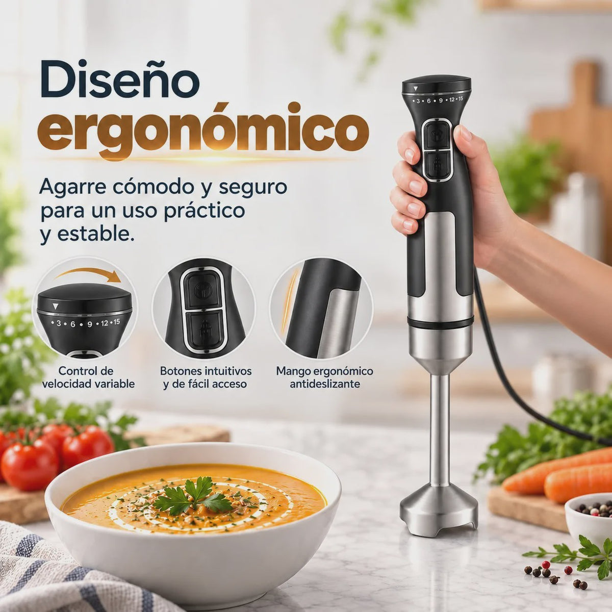 Krachtige 1000W Handmixer met 15 Snelheden, Turbo & RVS Steel - Perfect voor Soepen, Sauzen en Smoothies. Ergonomisch & 95cm Snoer.