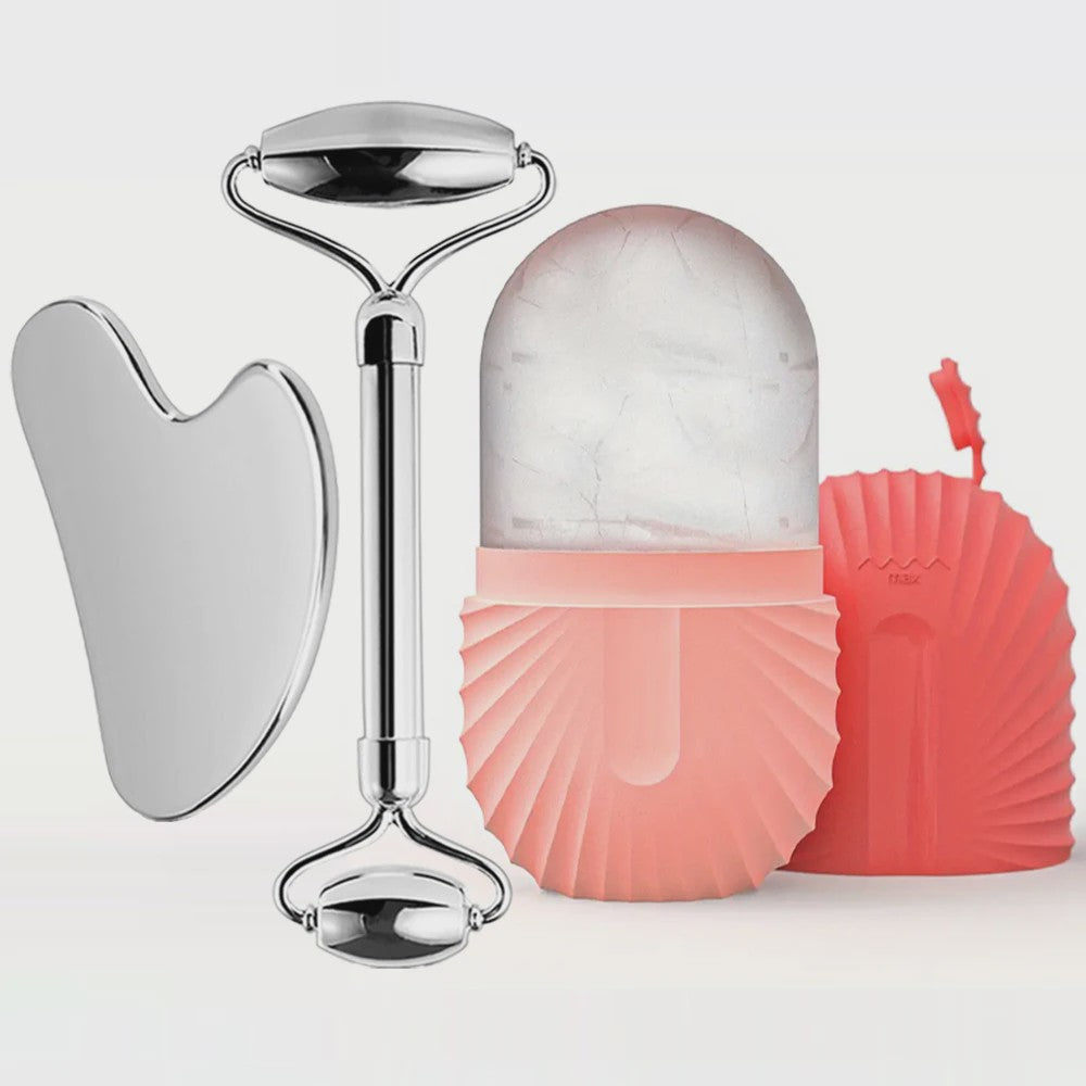 Gezichtsroller & Gua Sha Set: Luxe Roestvrij Staal & IJsroller voor Huidverzorging