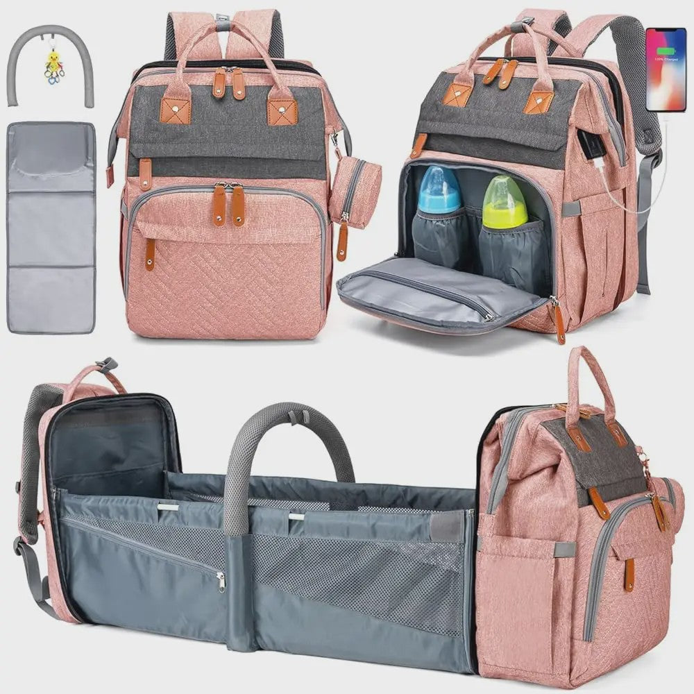 Multifunctionele Baby Luiertas Rugzak met Inklapbaar Babybedje en USB Laadpoort