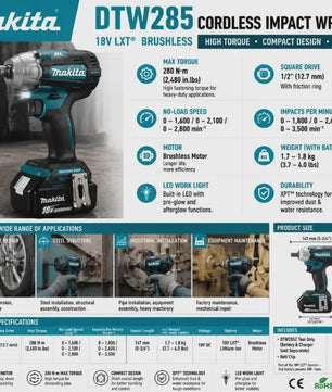 Makita DTW285 18V Accu Slagmoersleutel Borstelloos 330 Nm + 6.0Ah Batterij
