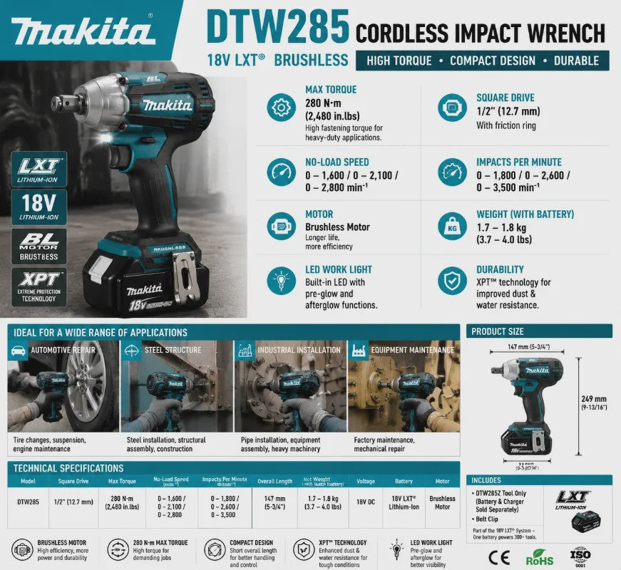 Makita DTW285 18V Accu Slagmoersleutel Borstelloos 330 Nm + 6.0Ah Batterij
