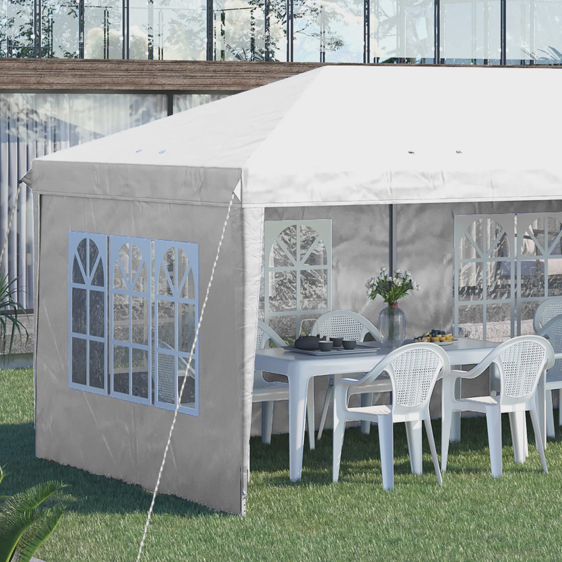 Outsunny Partytent 6x3m Pop-Up Gazebo met 4 Afneembare Zijwanden en Ramen, Waterdicht, UV-beschermend, Wit