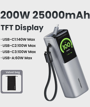 Vention 200W 25000mAh Powerbank: Draagbare Externe Batterij met Ingebouwde Kabels & PD Fast Charge